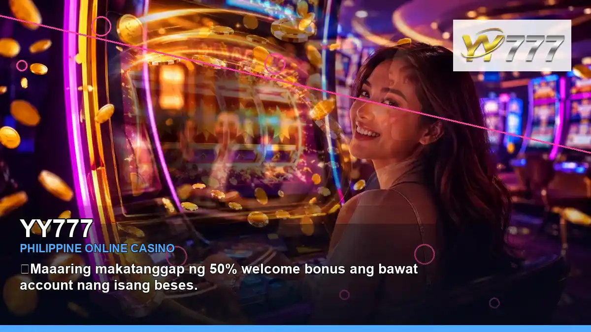YY777 neon jackpot slot games featuring an adult Filipina casino host with a layered collage composition